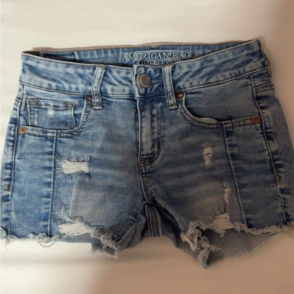 American Eagle Outfitters Blue Jean Shorts with Distressing and Frayed Hem